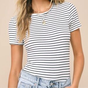 Lulus Kinship Black and White Striped Ribbed Bodysuit